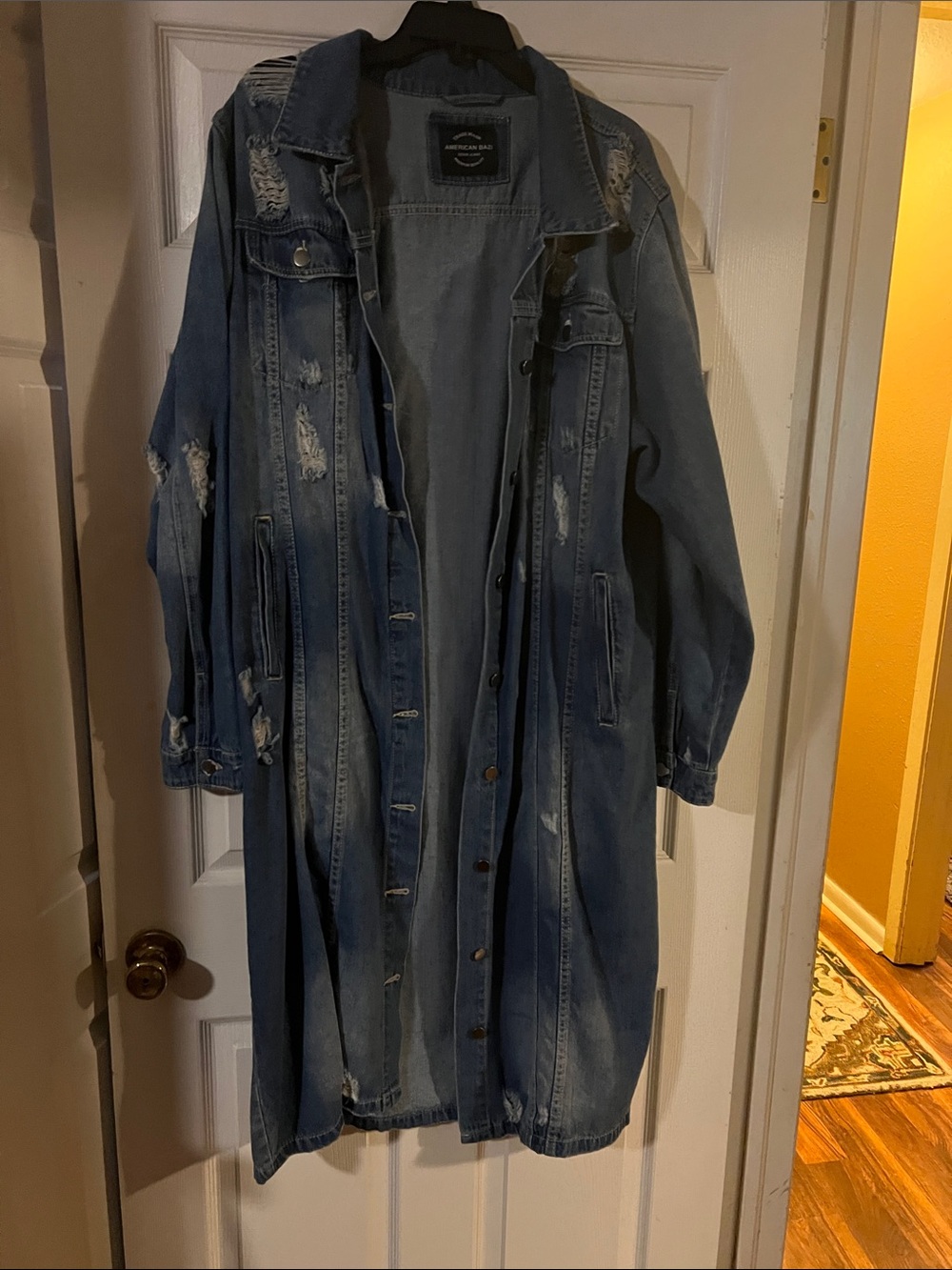 Distressed Long Denim Trench Coat - Medium Blue